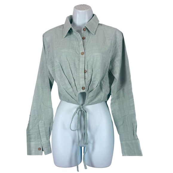 Promesa Tops - Promesa Crop Top Women Small Sea Foam Green NWT Tie Front Gauze Long Sleeve Boho